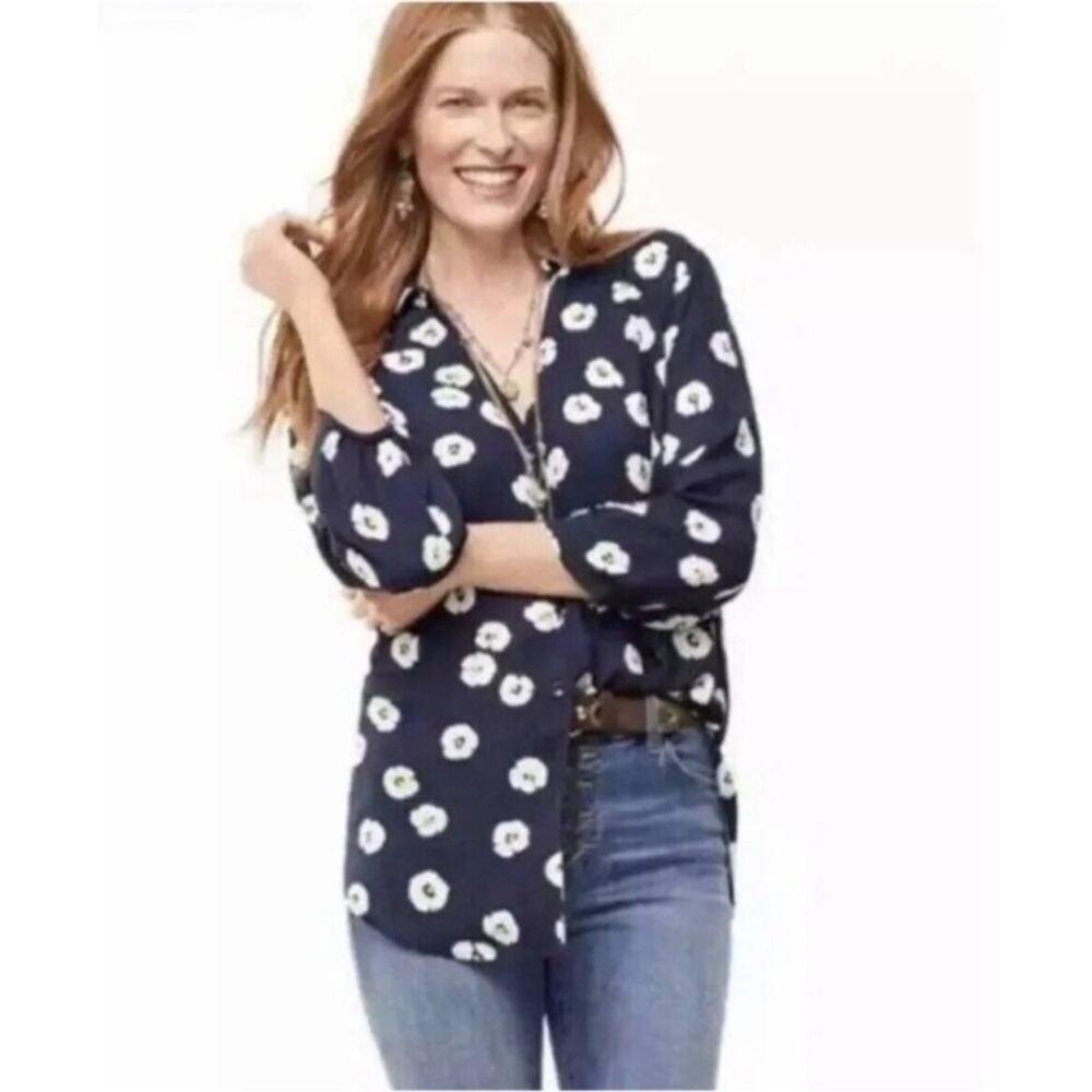 CAbi Navy Floral Spring Button Up Blouse White Poppy Office Preppy Garden 5705